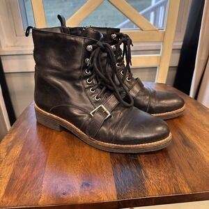 Bertuchi Women's Combat Boots 39 8 Black Leather Lace Up Side Zip Buckle Spain